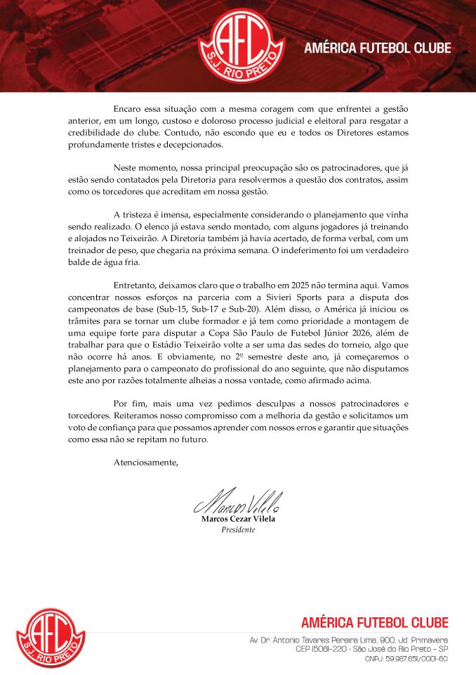 Nota Oficial - Impedimento da Inscrição no Campeonato Paulista – Segunda Divisão Sub-23 de 2025
