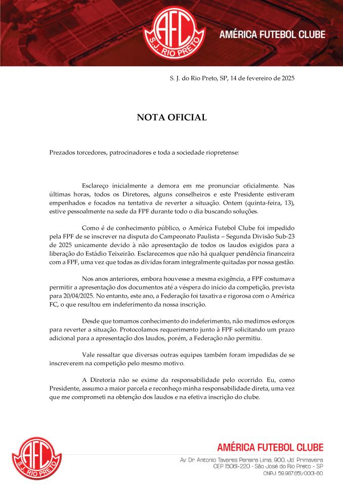 Nota Oficial - Impedimento da Inscrição no Campeonato Paulista – Segunda Divisão Sub-23 de 2025