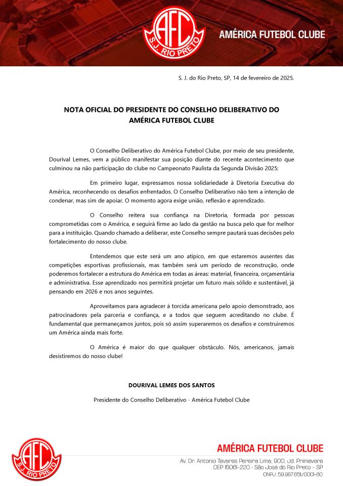 Nota Oficial do Presidente do Conselho Deliberativo do América Futebol Clube - 14/02/2025