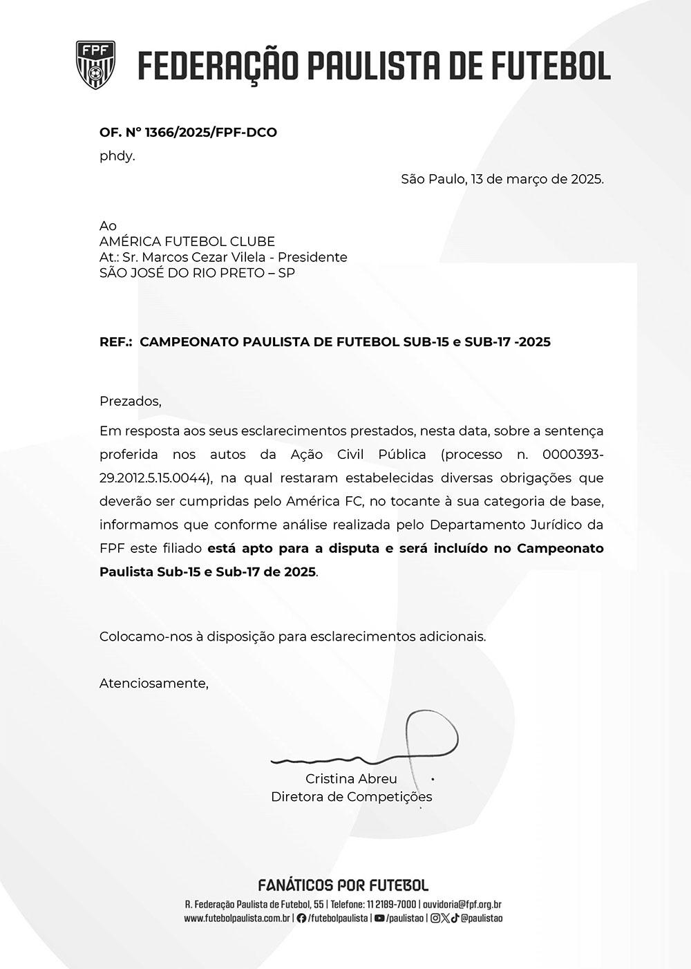 Federação Paulista de Futebol Confirma Participação do América no Campeonato Paulista Sub-15 e Sub-17 de 2025