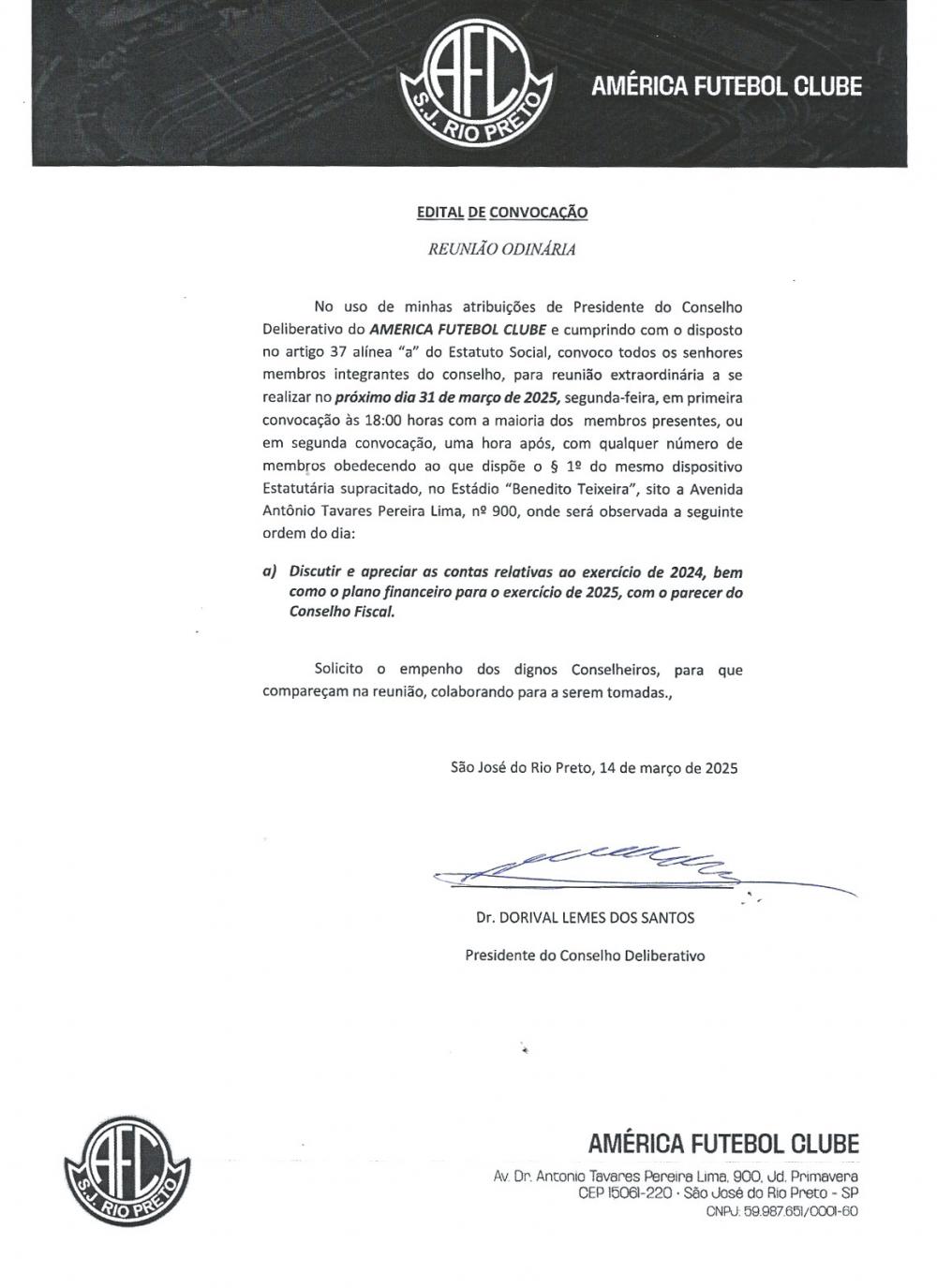 Edital de Convocação - Reunião Ordinária do Conselho Deliberativo - 31/03/2025