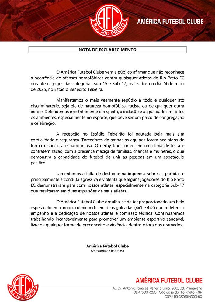 Nota Oficial - Ocorrência Jogo América x Rio Preto em 24/05/2025
