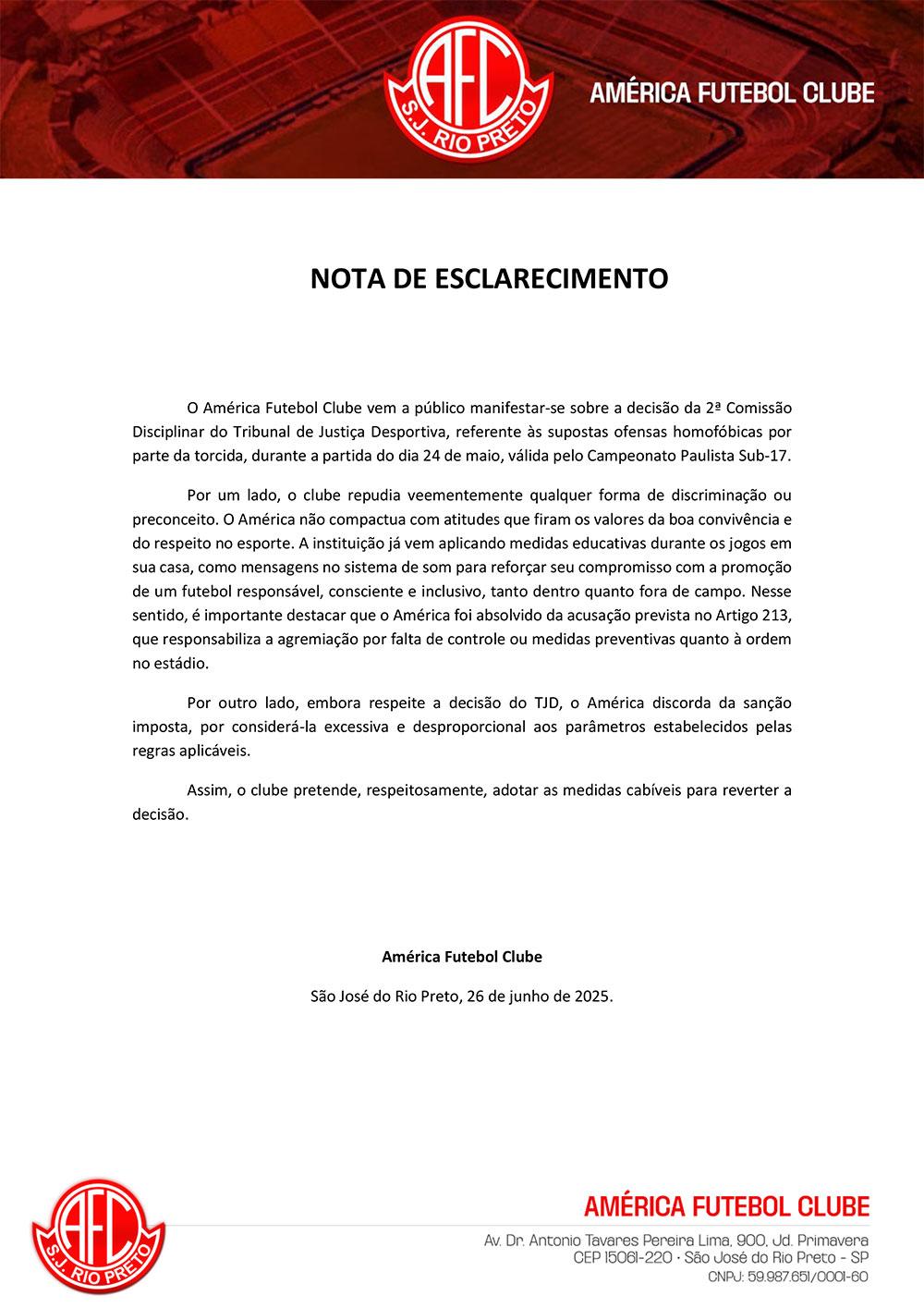Nota Oficial Sobre a Decisão da 2ª Comissão Disciplinar do Tribunal de Justiça Desportiva