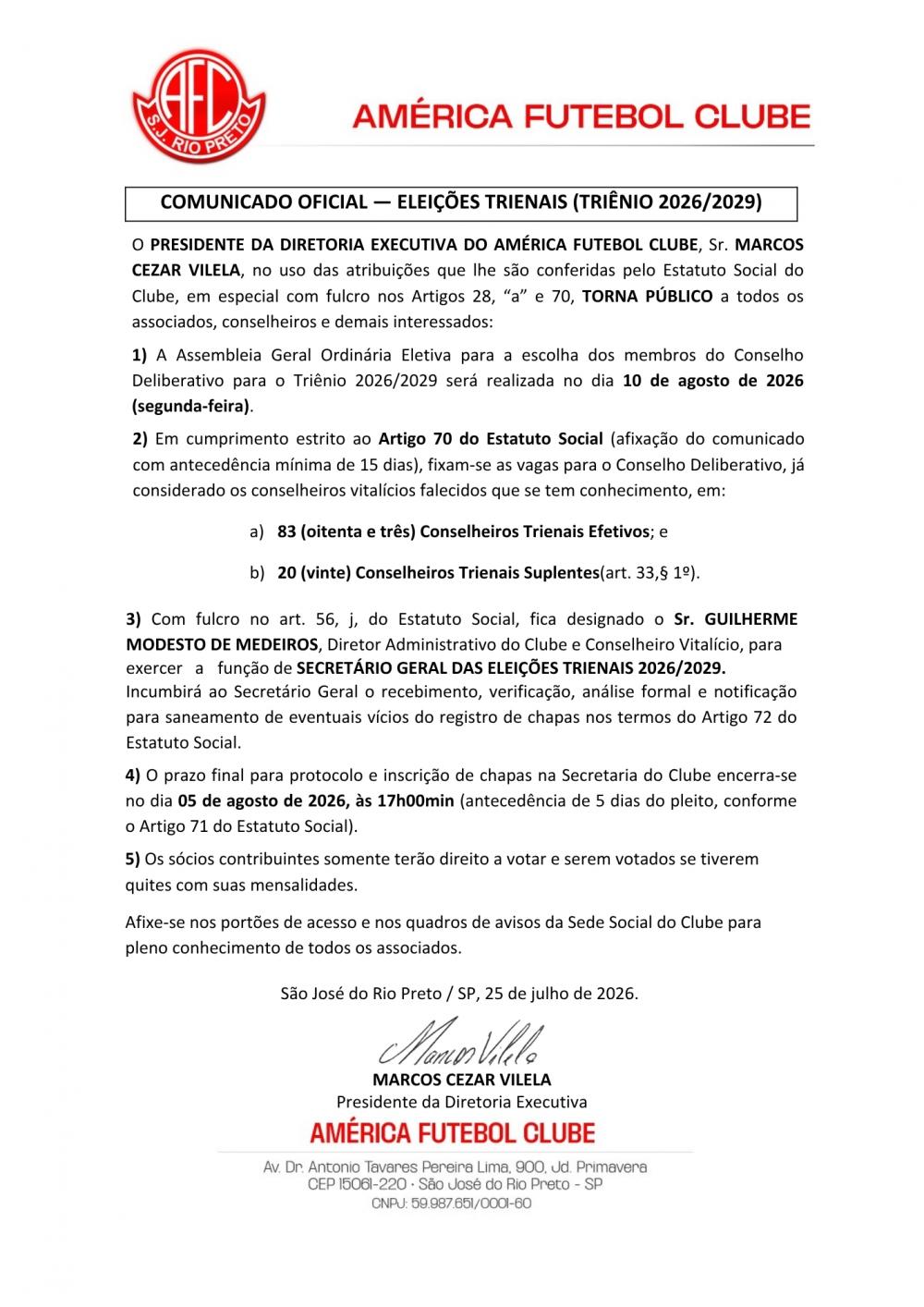 COMUNICADO OFICIAL - ELEIÇÕES TRIENAIS 2026/2029 COMUNICADO OFICIAL - ELEIÇÕES TRIENAIS 2026/2029