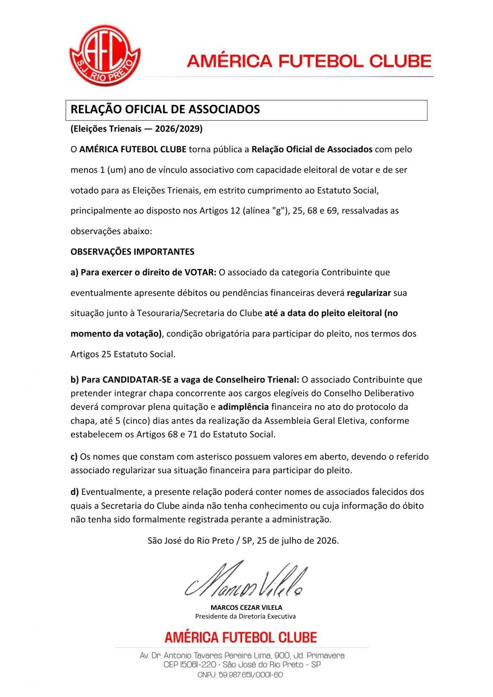 COMUNICADO OFICIAL - ELEIÇÕES TRIENAIS 2026/2029 COMUNICADO OFICIAL - ELEIÇÕES TRIENAIS 2026/2029